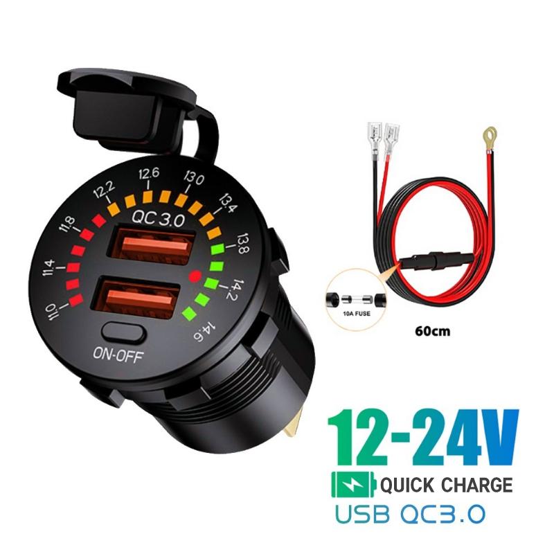 QC3.0 PD USB Автомобильная розетка для быстрой зарядки Цветной экран Двойной USB 4.8A Модифицированное автомобильное зарядное устройство с дисплеем напряжения и переключателем для автомобиля 12 В Лодка Мотоцикл Грузовик