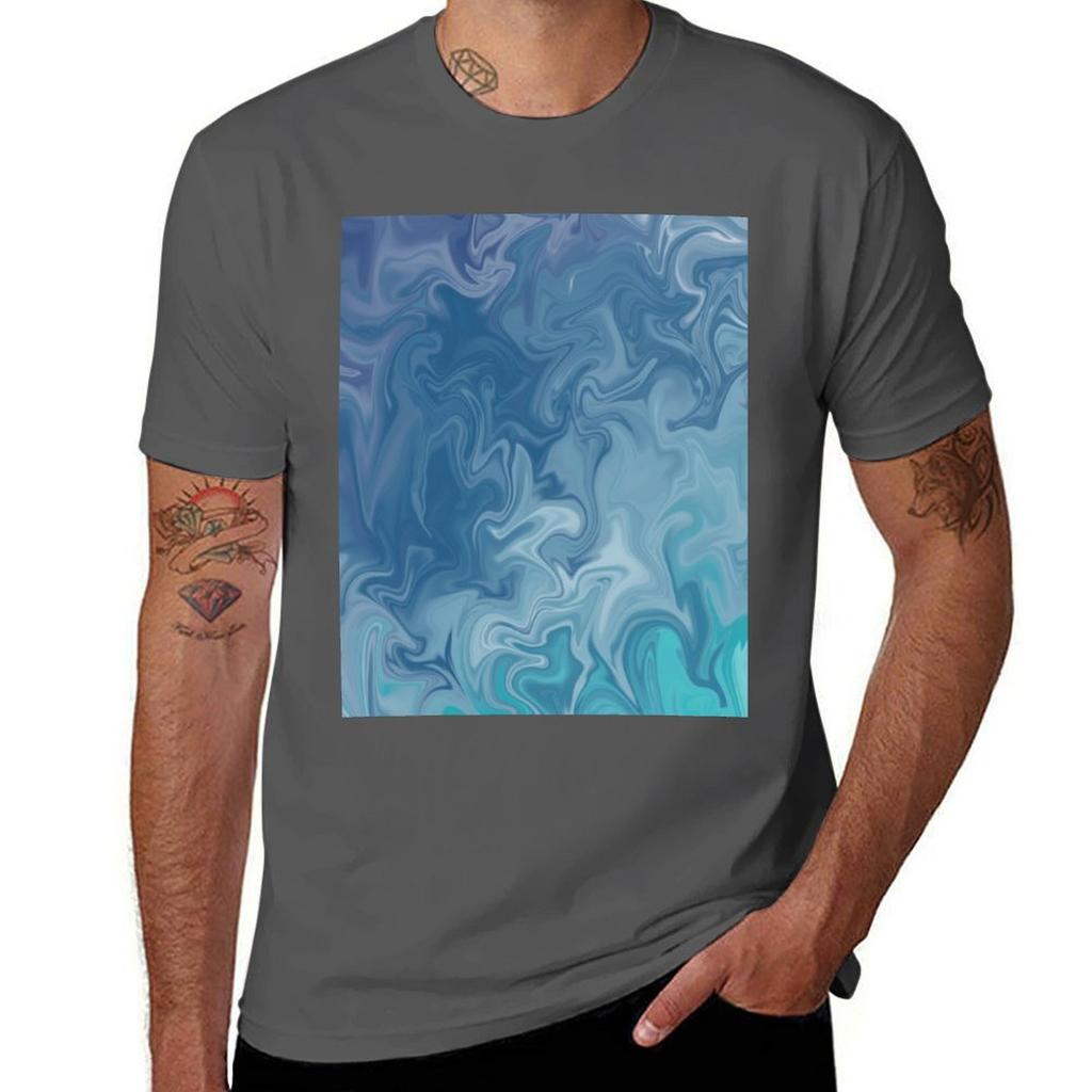 Swirly Liquified Blue Grey Green Design Tshirt Graphic Print Short Sleeve Tshirt