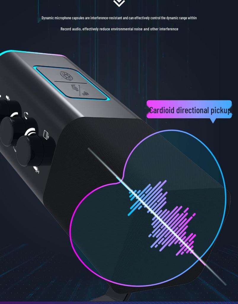 RGB Динамический USB-микрофон для игр, записи и пения с шумоподавлением и встроенной звуковой картой