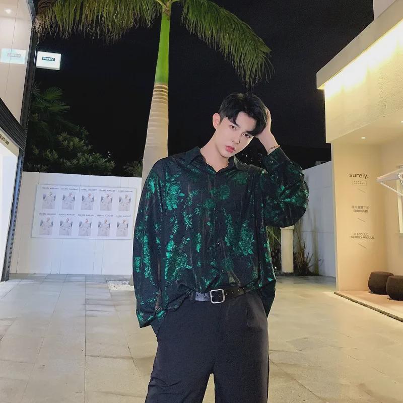 Men's Retro Rose Print Loose Western-Style Shiny Shirt for Trendy Hairdressers