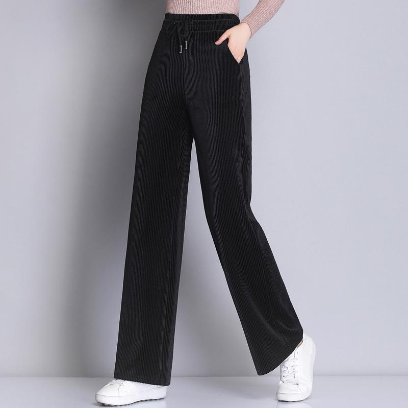 Plus Size Women's Spring Autumn Winter Solid Colour Casual Sweatpants Loose Elastic Waist Corduroy Padded Wide Leg Straight Pants
