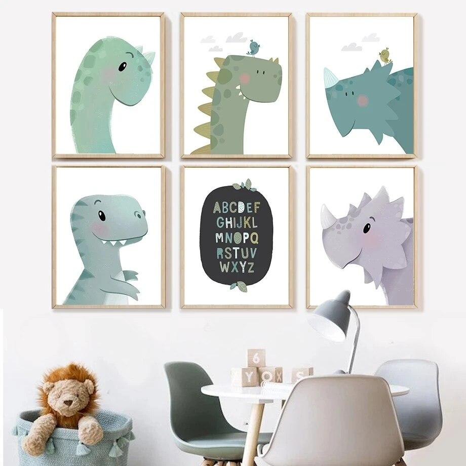 Nordic Lovely Nursery Cartoon Art Canvas Painting Alphabet Animals Dinosaur Posters Picture Nursery Kids Room Wall Home Decor