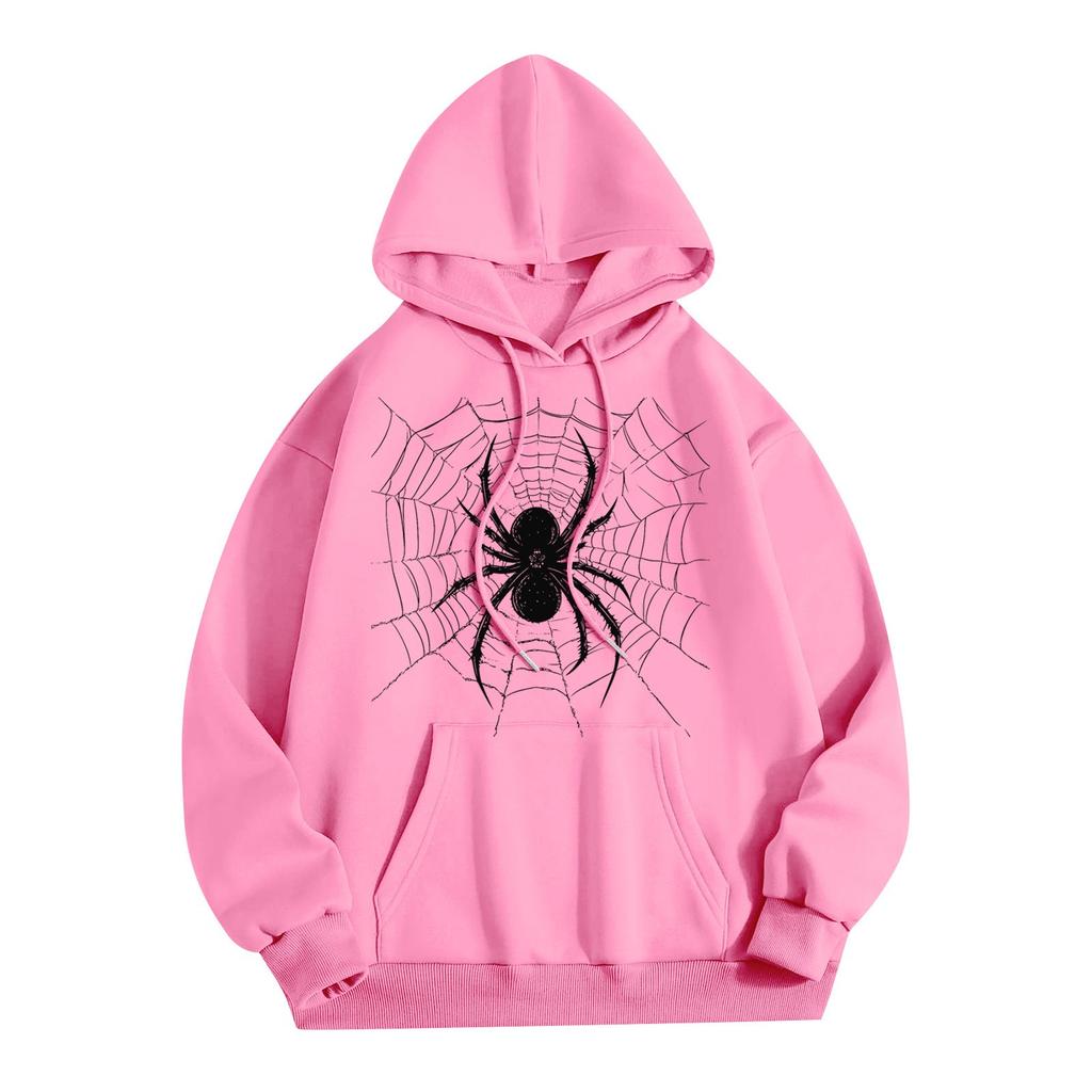 Women's Fashion Lightweight Long Sleeve Pullover With Pockets Spider Print Hoodie