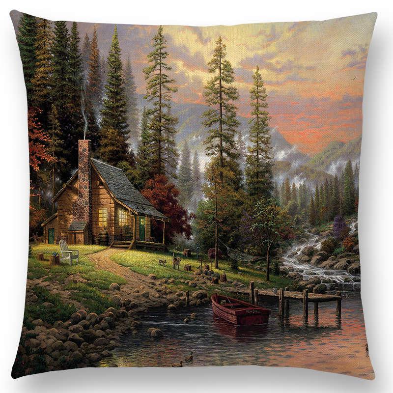 Домашний декор деревенская картина маслом чехол для подушки красивый пейзаж замок маяк диван подушка спальня