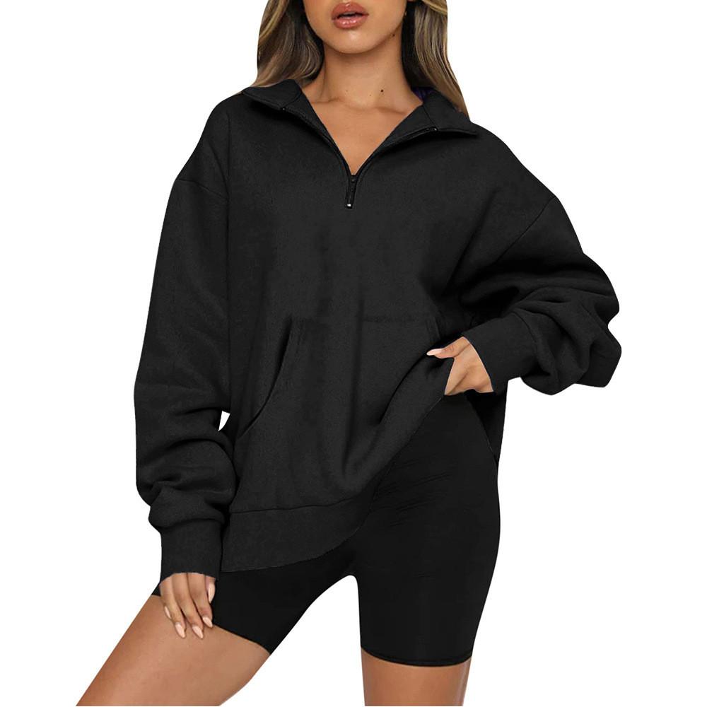 Womens Solid Color Sweatshirt With Pockets And Long Sleeves For Casual Wear