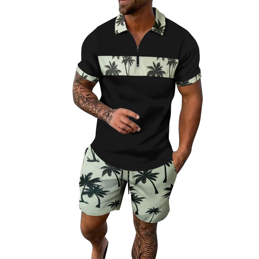 Мужской летний гавайский принтованный костюм с коротким рукавом и застежкой-молнией и лацканами, повседневный спортивный костюм для мужчин