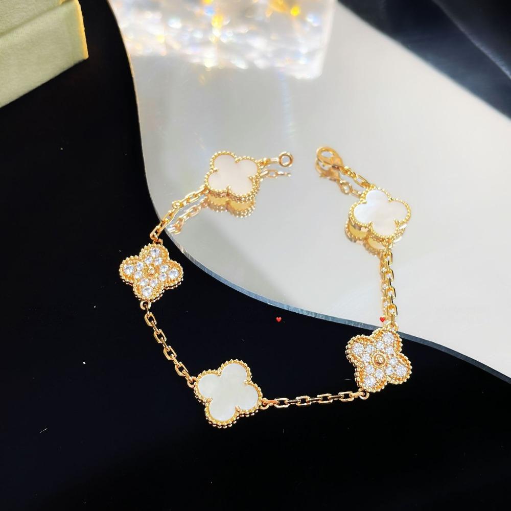 Браслет «Четырехлистный клевер» с пятью цветками, версия High, натуральный фиолетовый халцедон, лазерная CNC-резьба, 18 карат, не тускнеющий, женский браслет