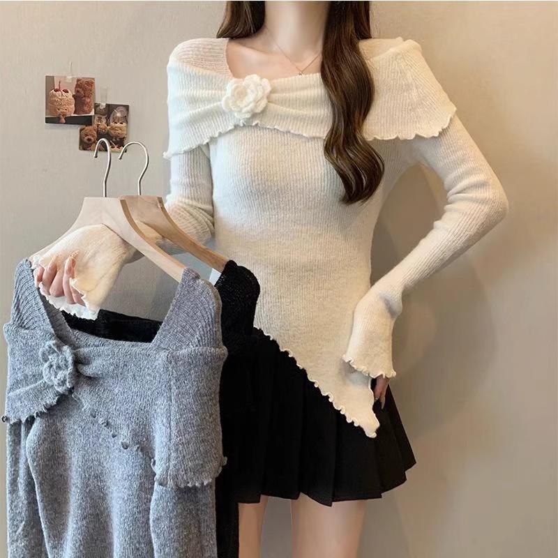 Autumn French Ruffle Flower Off Shoulder Long Sleeve Knit Top Women Irregular Flare Sleeve Shirt