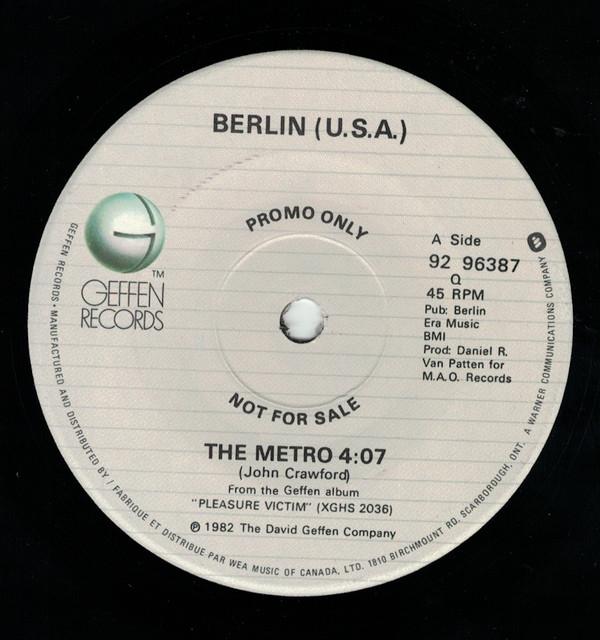 7-дюймовая пластинка BERLIN The Metro 9296387 Geffen Records 1983 Канада Dance Electronica Б/у