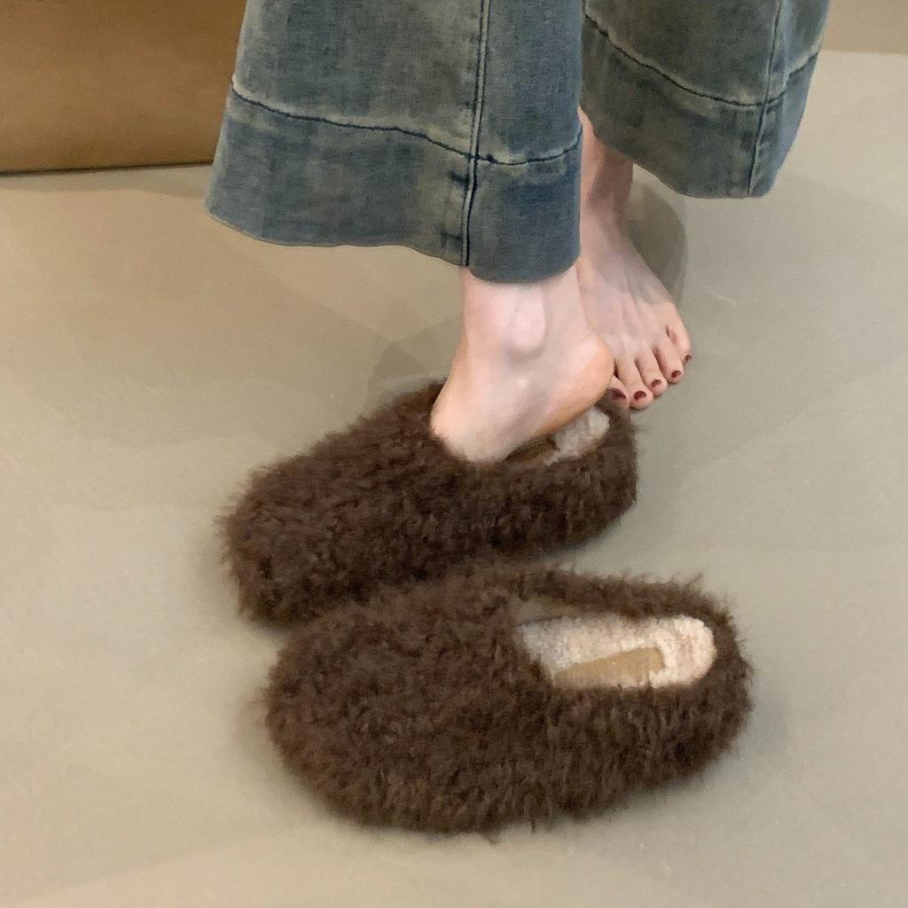 Thick-bottomed small man with inner height increase, gentle and cute, sheep curly hair, warm and velvet, one pedal, Muller cotton slippers.