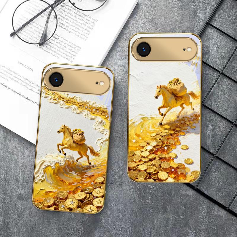 Золотая скачущая лошадь Для IPhone 17Pro Max 16 17 Pro 15 Pro 14 13 Plus 12 Mini 11Pro Max XR 16E 17 Air Золотой стеклянный чехол для телефона
