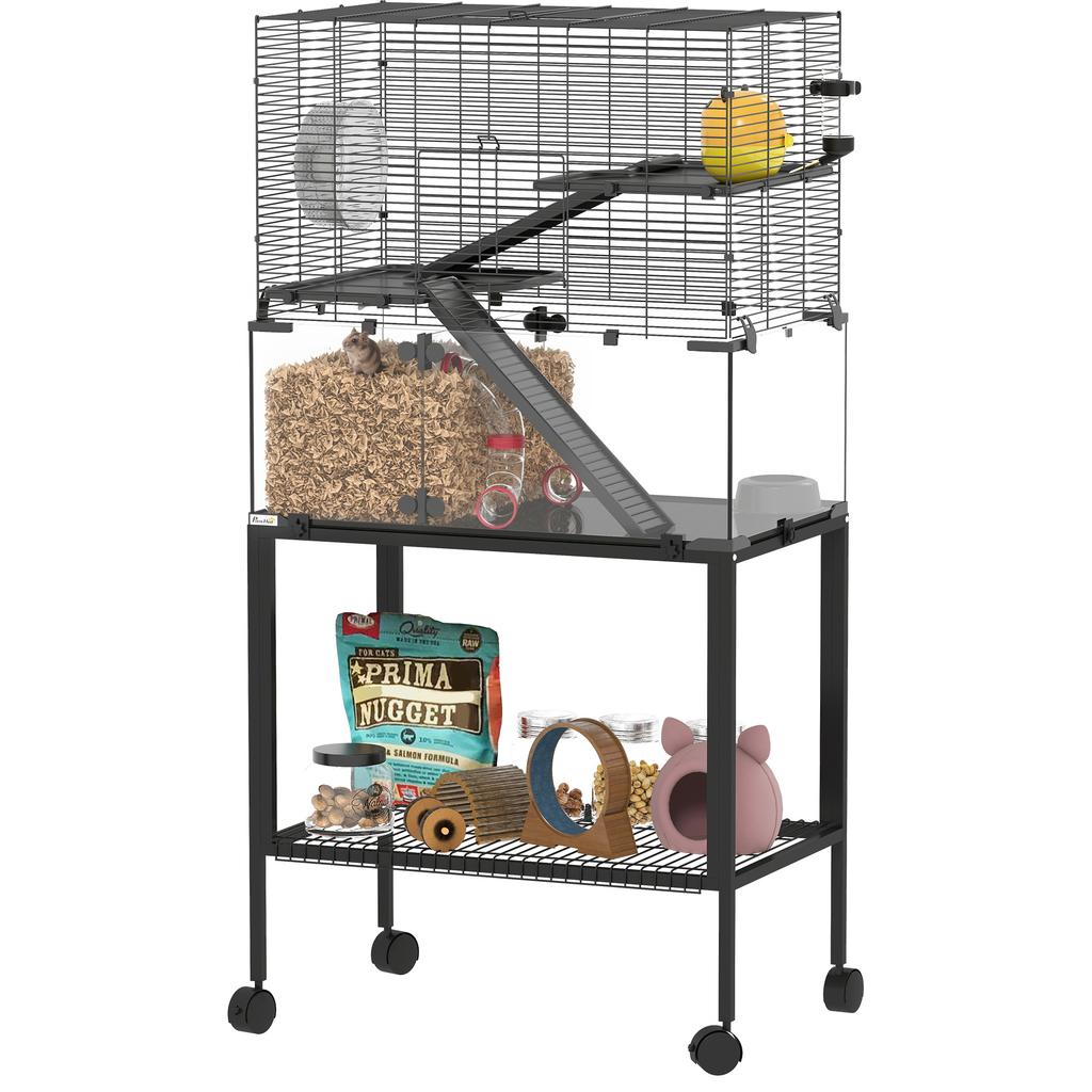 Hamster Cage, Small Animal Enclosure with 3 Levels, Running Wheel, Hut, Platforms, Ramps, Feeding Bowl, Water Bottle, Accessories, Steel, Plastic