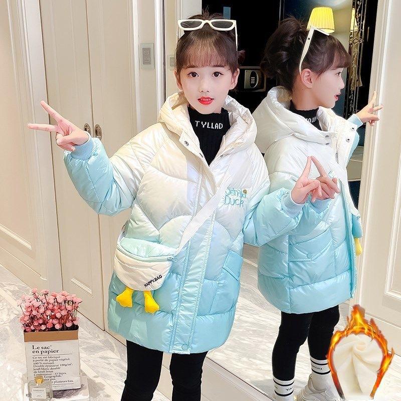 Хлопковая одежда с подкладкой для девочек, сумки бесплатно, плотная зимняя одежда, глянцевое пальто для девочек