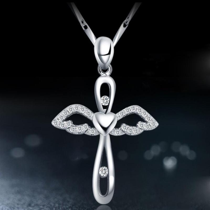 New Trendy 925 Silver Necklaces for Women Charming Love Heart Wings Cross Pendant Jewelry Girl Engagement Accessories