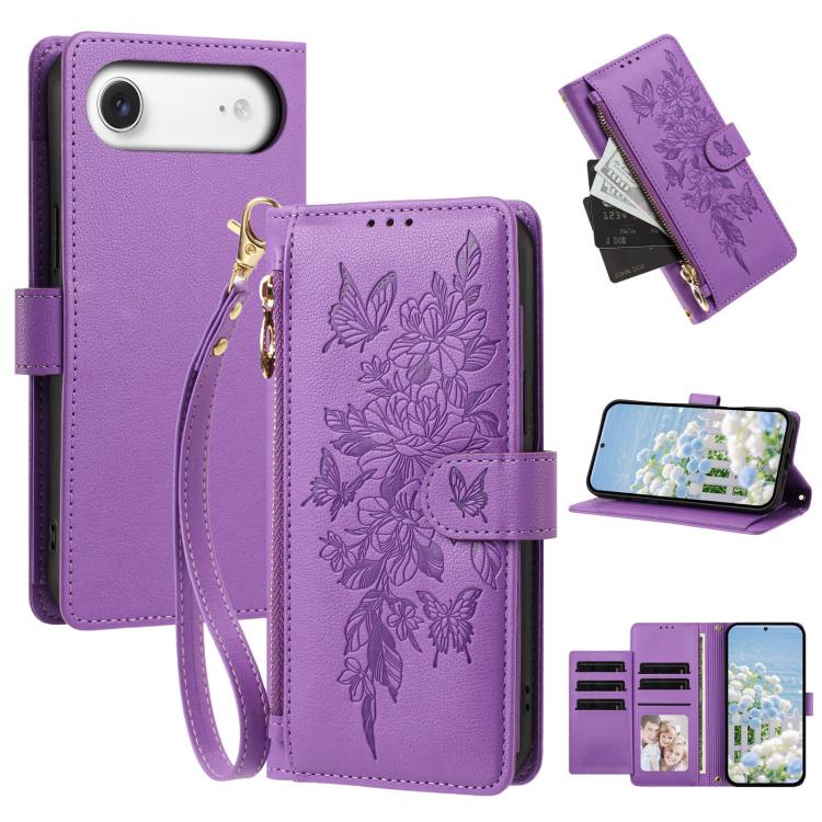 Butterfly Flower Zipper Wallet Vegan Leather Phone Case with Strap For iPhone 15 Pro Max