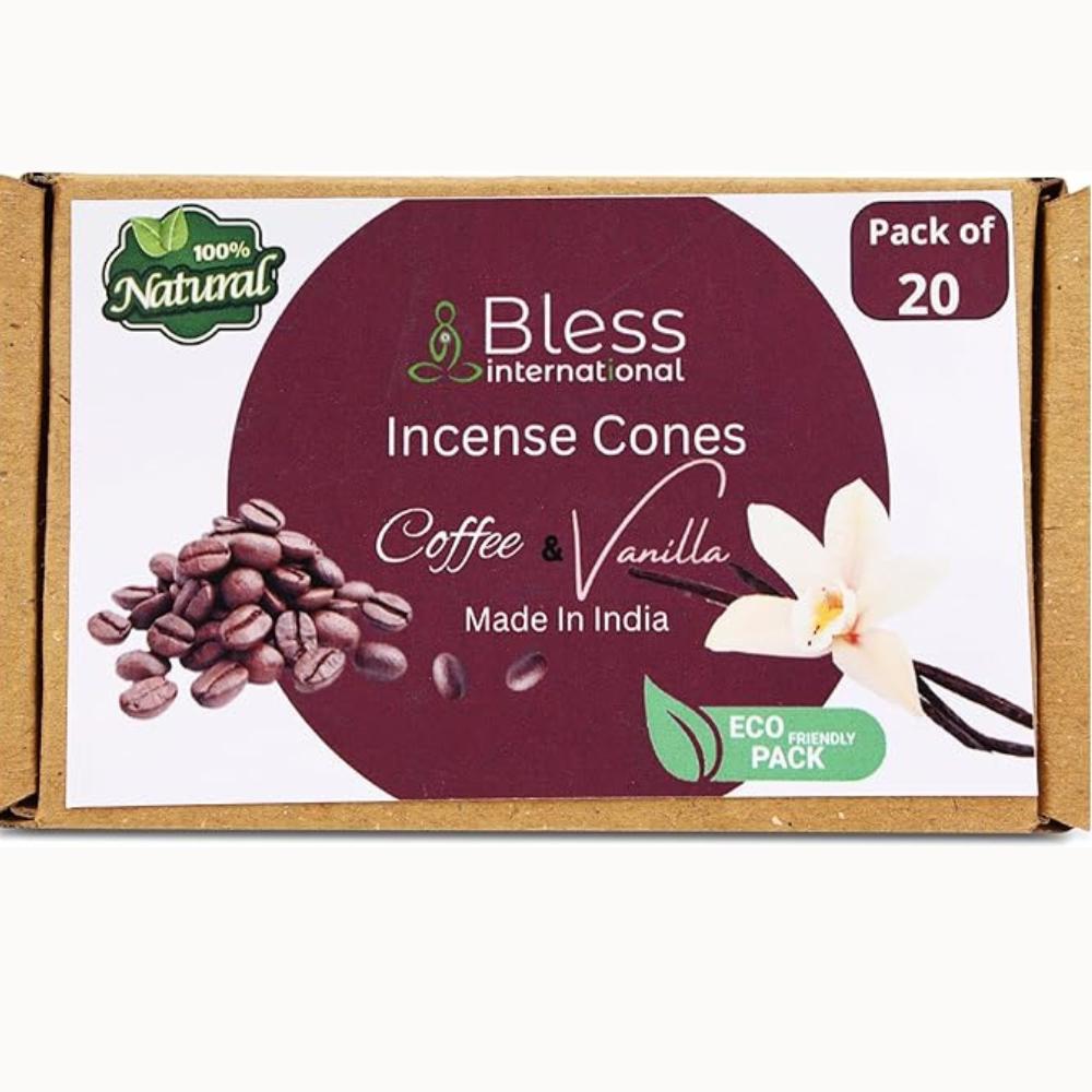 BLESS INTERNATIONAL Coffee and Vanilla 100%-Natural-Incense-Cones Handmade-Hand-Dipped Organic-Chemicals-Free for-Purification-Relaxation-Positivity
