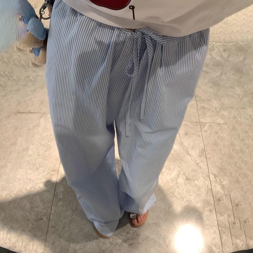 Женские летние тонкие синие брюки для отдыха с широкими штанинами в вертикальную полоску - Свободные повседневные охлаждающие брюки на кулиске для ходьбы