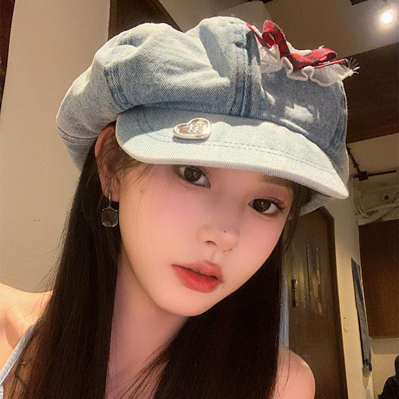 Y2K кружевной бант дизайн облако береты шапки для женщин показать лицо маленький летний осень повседневный универсальный корейский ретро джинсовый восьмиугольная шляпа