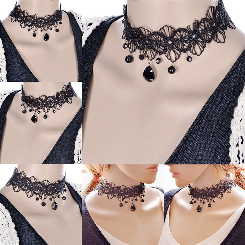 Fashion Gothic Black Lace Retro Choker Collar Flower Pendant Necklace Jewelry