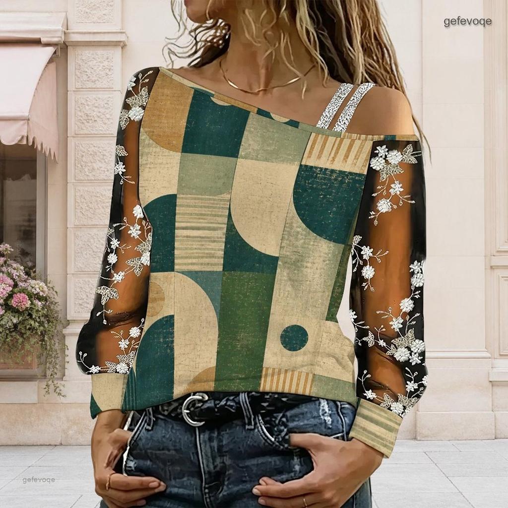 Women Plus Size Asymmetric Cold Shoulder Long Sheer Floral Geometric Printed T Shirt