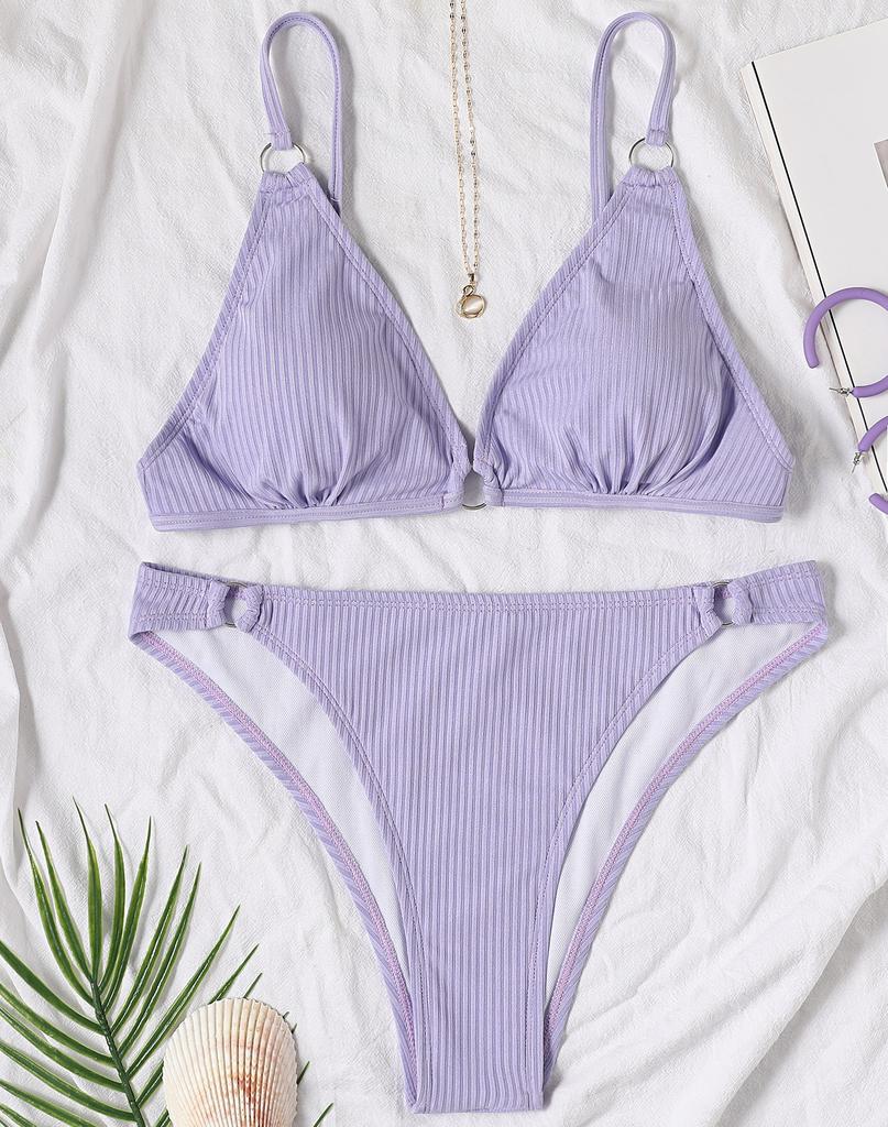 Женский купальник, однотонный купальник с треугольными чашечками и V-образным вырезом, сексуальный бикини с завязками на спине, пляжная одежда, купальные костюмы