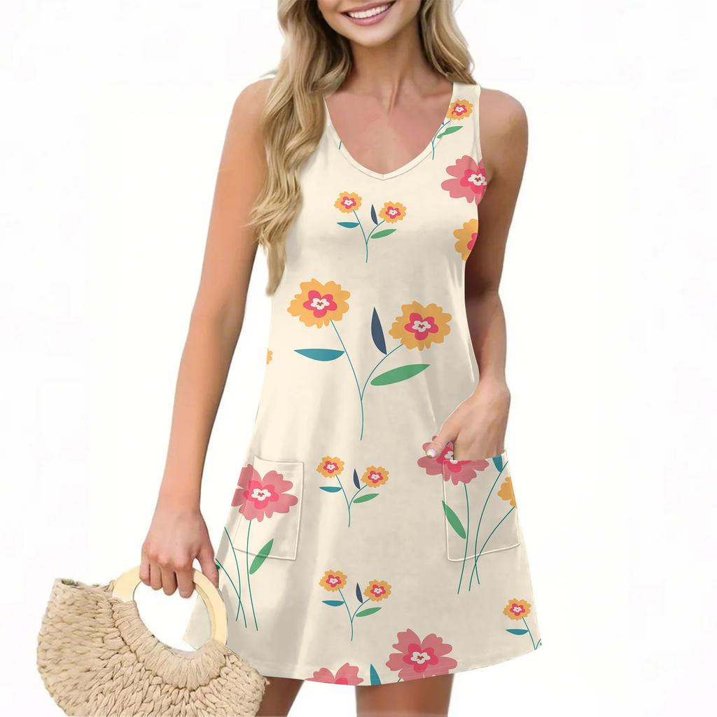 Женское повседневное летнее платье-жилет с карманами, цветочным принтом, V-образным вырезом, без рукавов