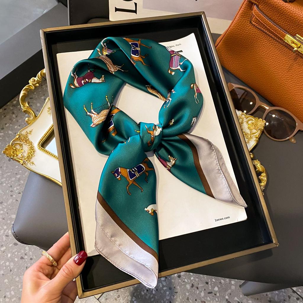 Luxury Brand Women Leopard Print Square Hijab Scarf Soft Satin Silk-like Small Neck Scarf Stylish Casual Headscarf