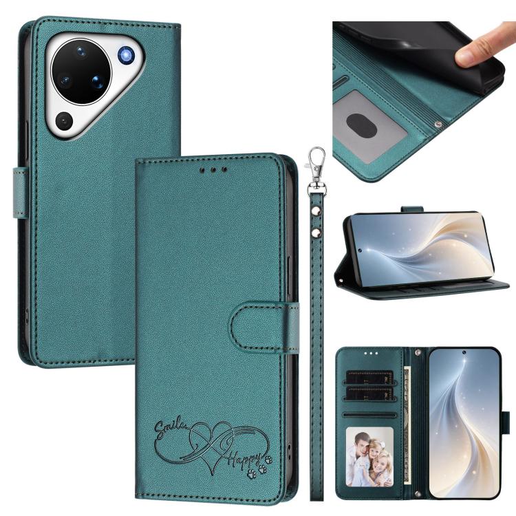 Happy Heart Pattern Magnetic Closure Vegan Leather Phone Case with Wrist Strap For Huawei Mate 60