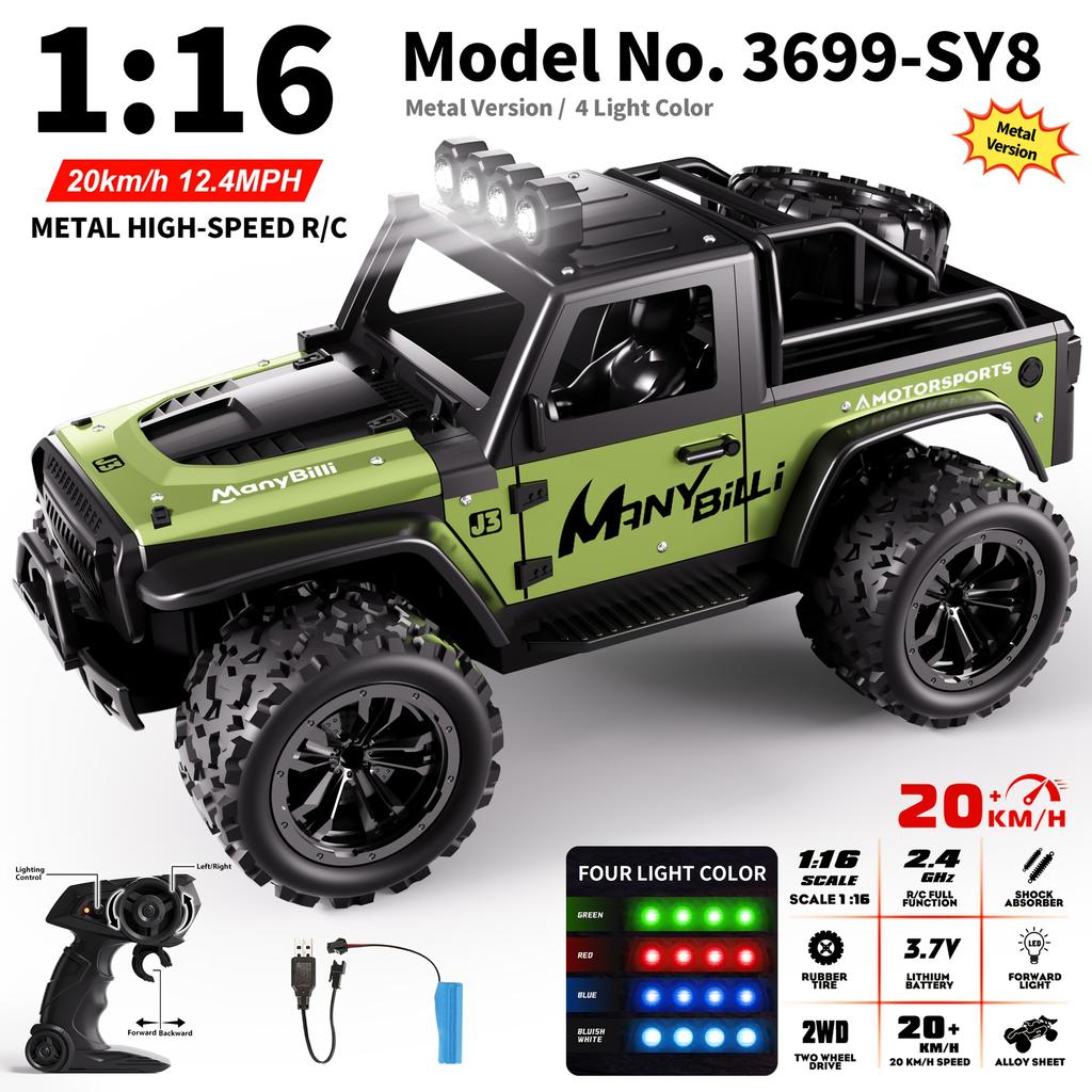 1:16 Scale Metal Remote Control Cars 2WD High-Speed RC Vehicle 20Km/H 2.4Ghz With Light RC Car For Kids Boys Gifts