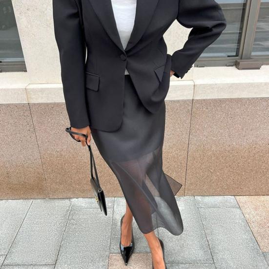 Women Maxi Skirt High Waist Mesh Yarn Cover Perspective Solid Color Skirt