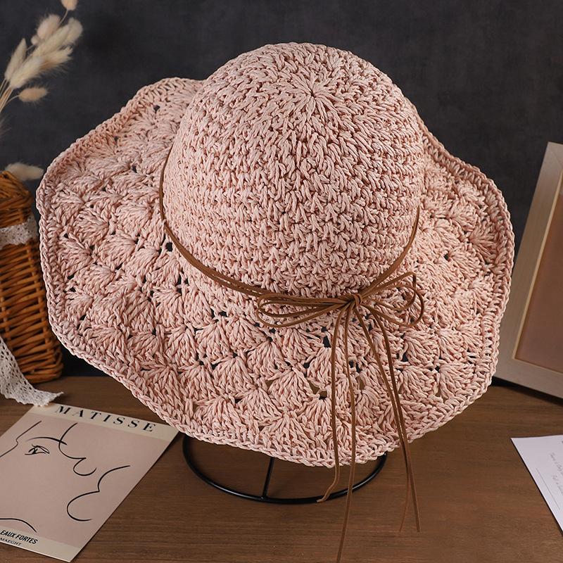 Женская соломенная шляпа с кружевным бантом, летняя шляпа с защитой от солнца, модная складная шляпа