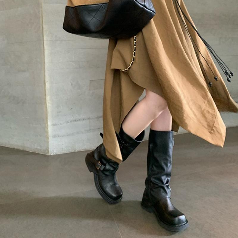 Модные женские рыцарские сапоги 2025 Осень Зима Новые модные сапоги до середины икры с ремешком и пряжкой Винтажные Удобные Нескользящие Туфли на высокой подошве