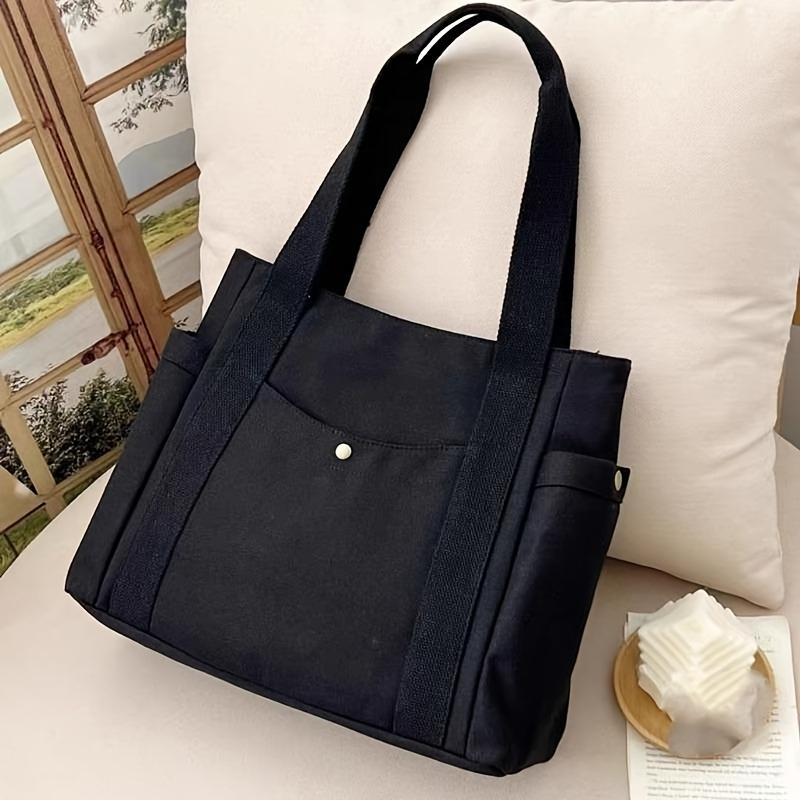 Literary Canvas Tote Bag Multi Pockets Shoulder Bag Casual Handbag For School Work Going Out