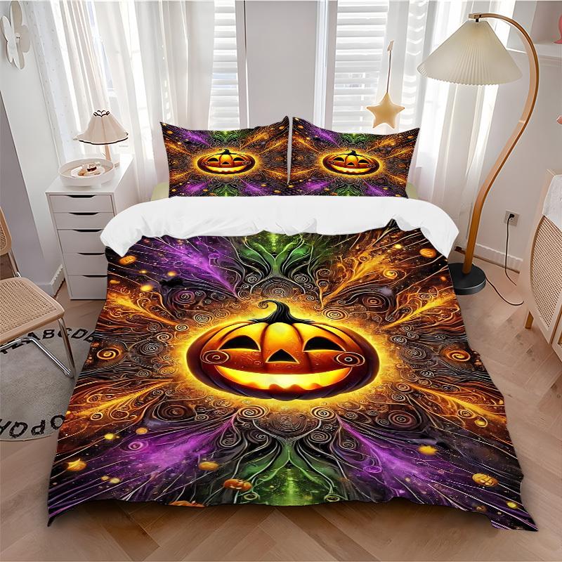 3pcs Pumpkin Halloween Bedding Set, Includes 1 Comforter + 2 Pillowcases, Without Pillow Inserts, Soft Comfortable, Lightweight Breathable,