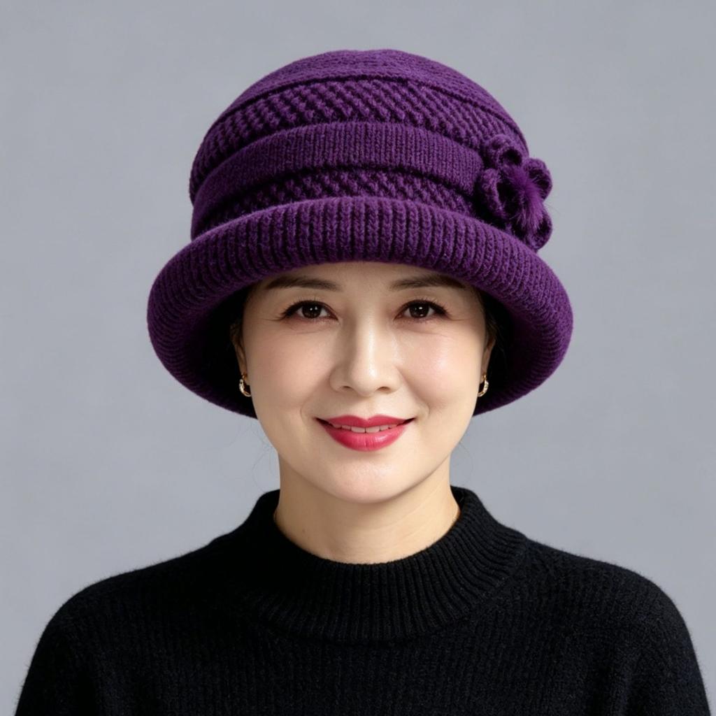 Middle-aged and elderly warm wool hat women's fashion versatile mother basin hat fleece ear protection hat winter cold-proof knitted hat