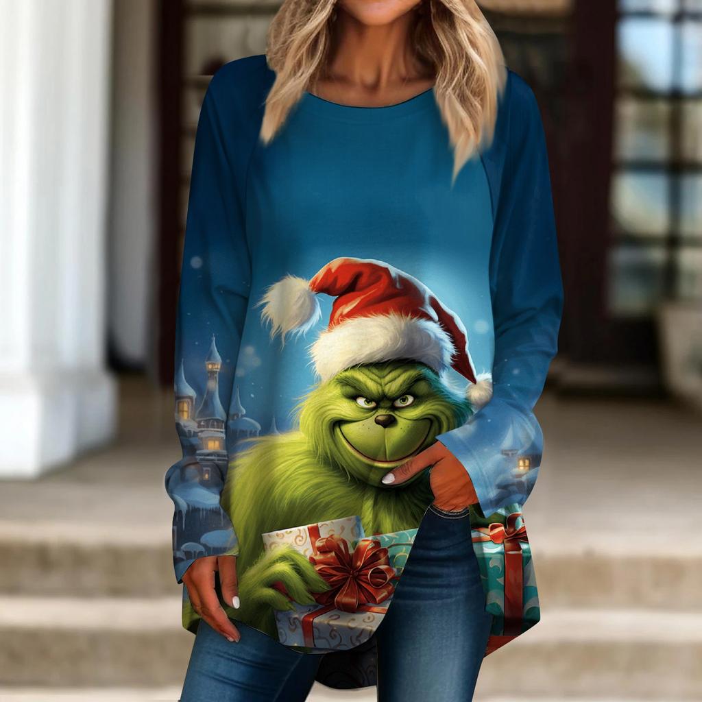 Women's Casual Plus SizeLong Sleeved Round Neck Christmas Printing T-shirt Top Pullover
