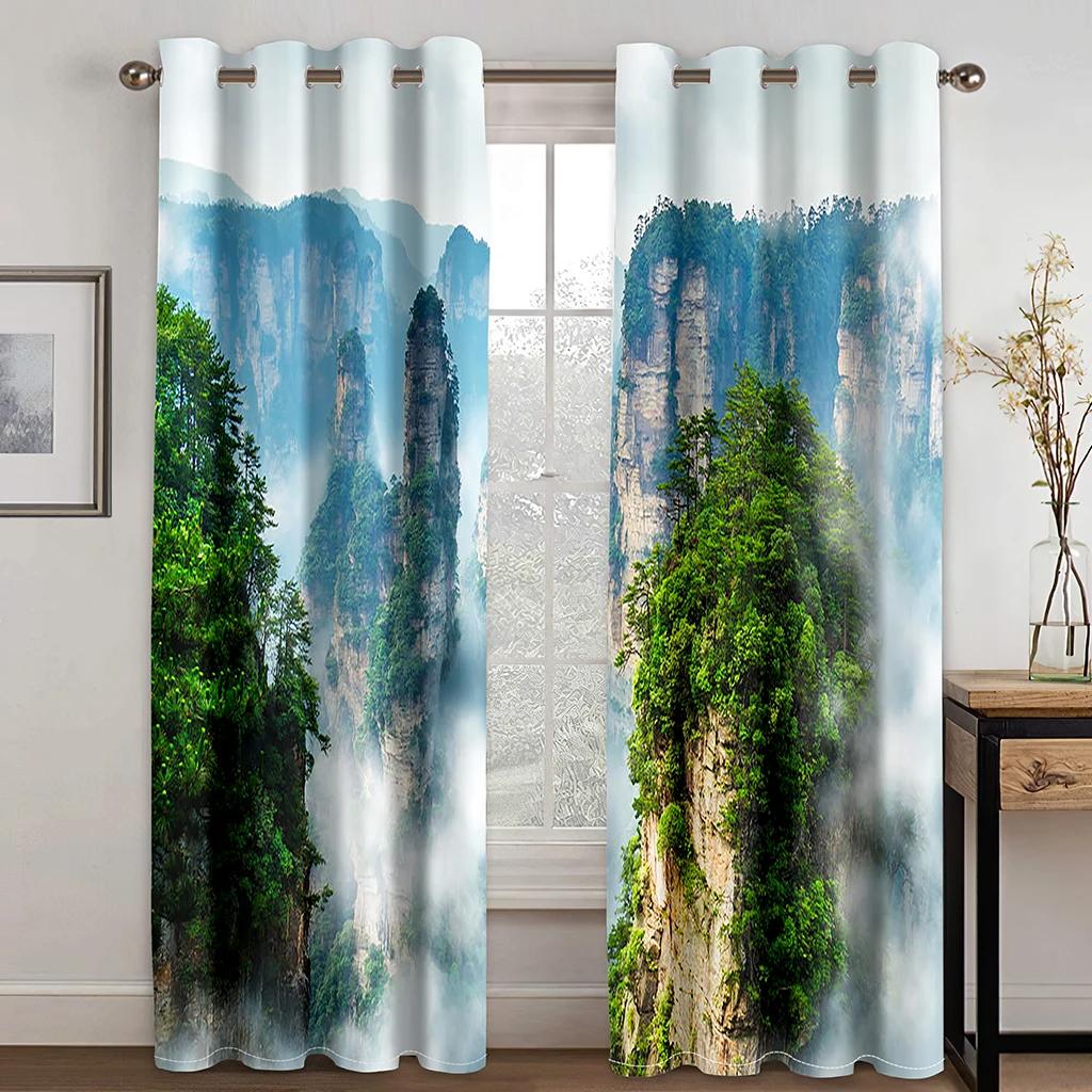 Mountain Plants Natural Scenery Printed High Shading Curtains Bedroom Decorative Curtains with Hook Accessories 2 Panels New
