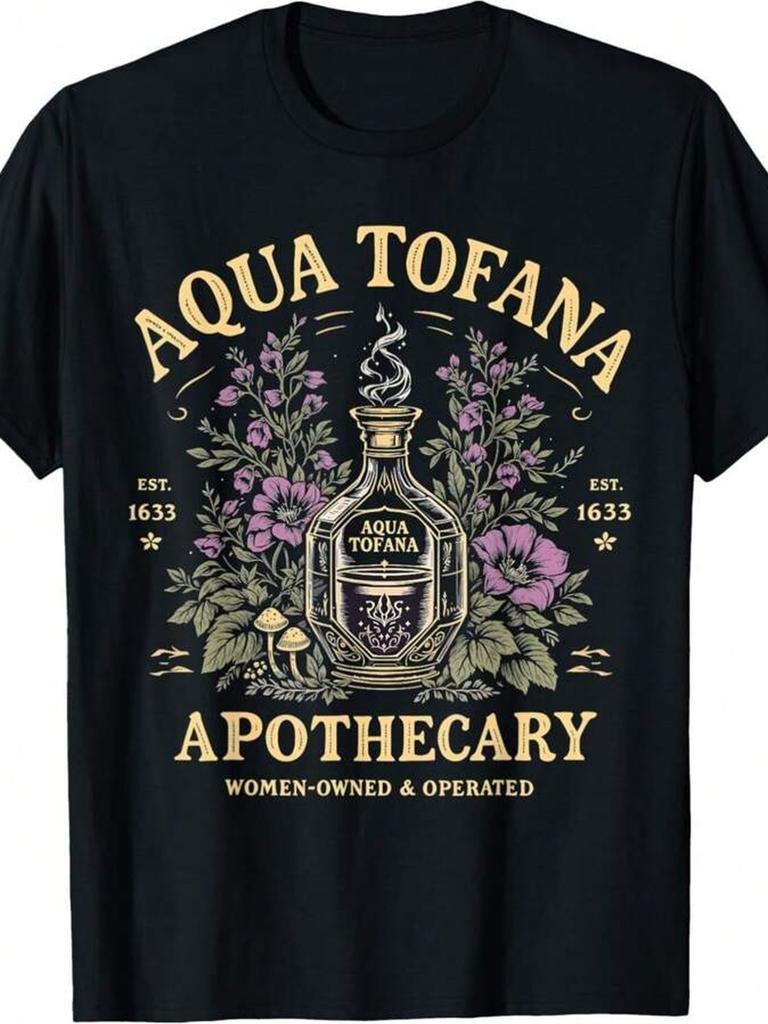 Funny Aqua Tofana Apothecary Vintage Graphic T-Shirt for Women, Retro Poison Bottle & Floral Design
