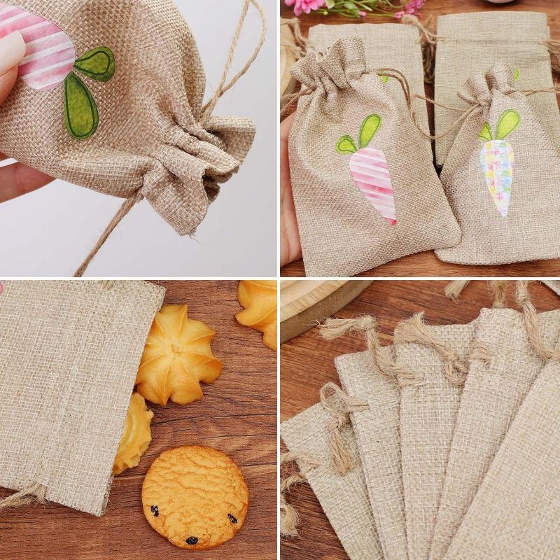 Easter Linen Gift Bags Cartoon Carrot Candy Cookie Packaging Bags with Drawstring Happy Easter Party Gifts Decoration Supplies