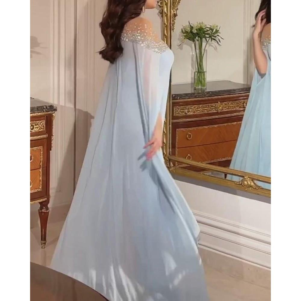 Women Elegant Round Neck Rhinestone Pearl Long Sleeves Kaftan Middle East Bride Bridesmaids Wedding Long Dress Gorgeous Party Maxi Ball Gowns
