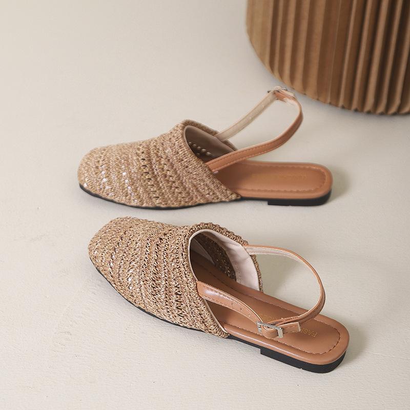 Соломенная плетеная сумка на толстом каблуке и с неглубоким вырезом, сандалии с открытой пяткой, женская обувь, весна-лето 2025, новые сандалии на плоской подошве с одним ремешком
