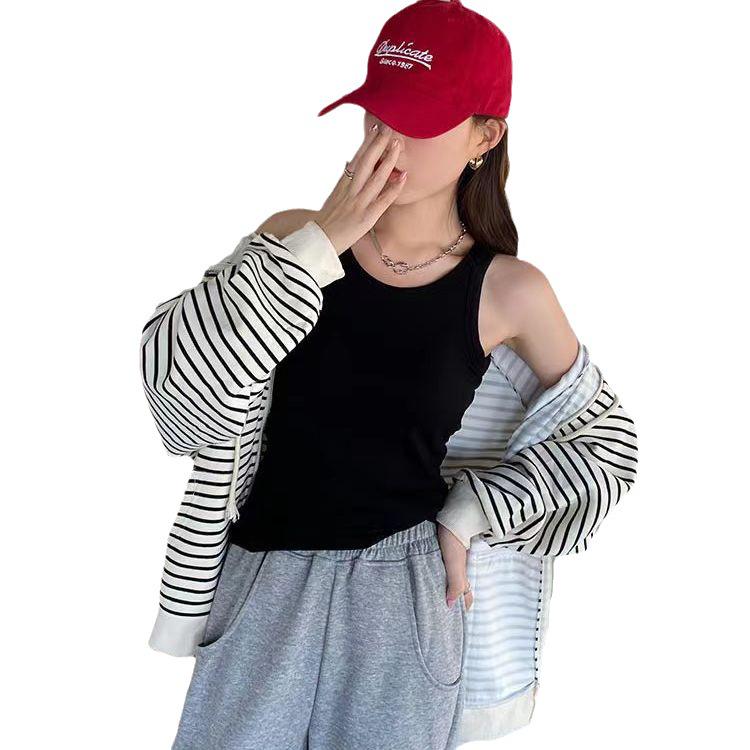 Женская корейская майка на бретелях с чашками - Встроенная чашка, Летний топ однотонной расцветки