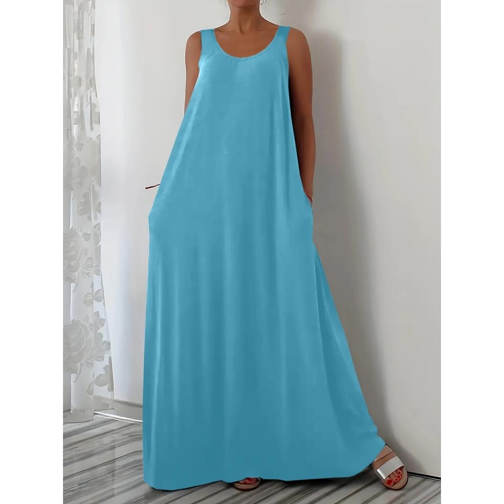 Summer Solid Color Plus Size Casual Sleeveless Dress with Side Pockets, European American Style Crossbody Women's Dress