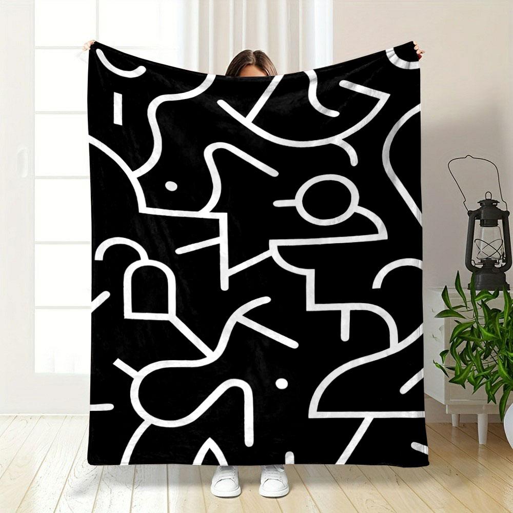 Abstract white lines and shapes on a black background, forming fluid forms. for all seasons blanket lunch break throw gift