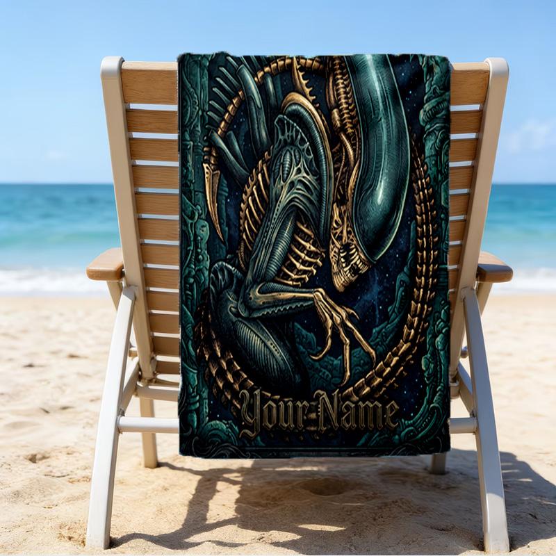 Custom Name Beach Towel Alien Artwork Beach Towel, Soft Microfiber, Gift for Her/Him, Birthday, for Pool, Beach, Travel, Fan gifts