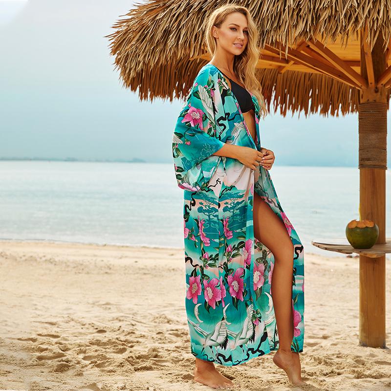 2022 зеленое хлопковое бикини с принтом в стиле бохо, туника с длинными рукавами, длинное платье, повседневное женское пляжное платье больших размеров, фартук Q734