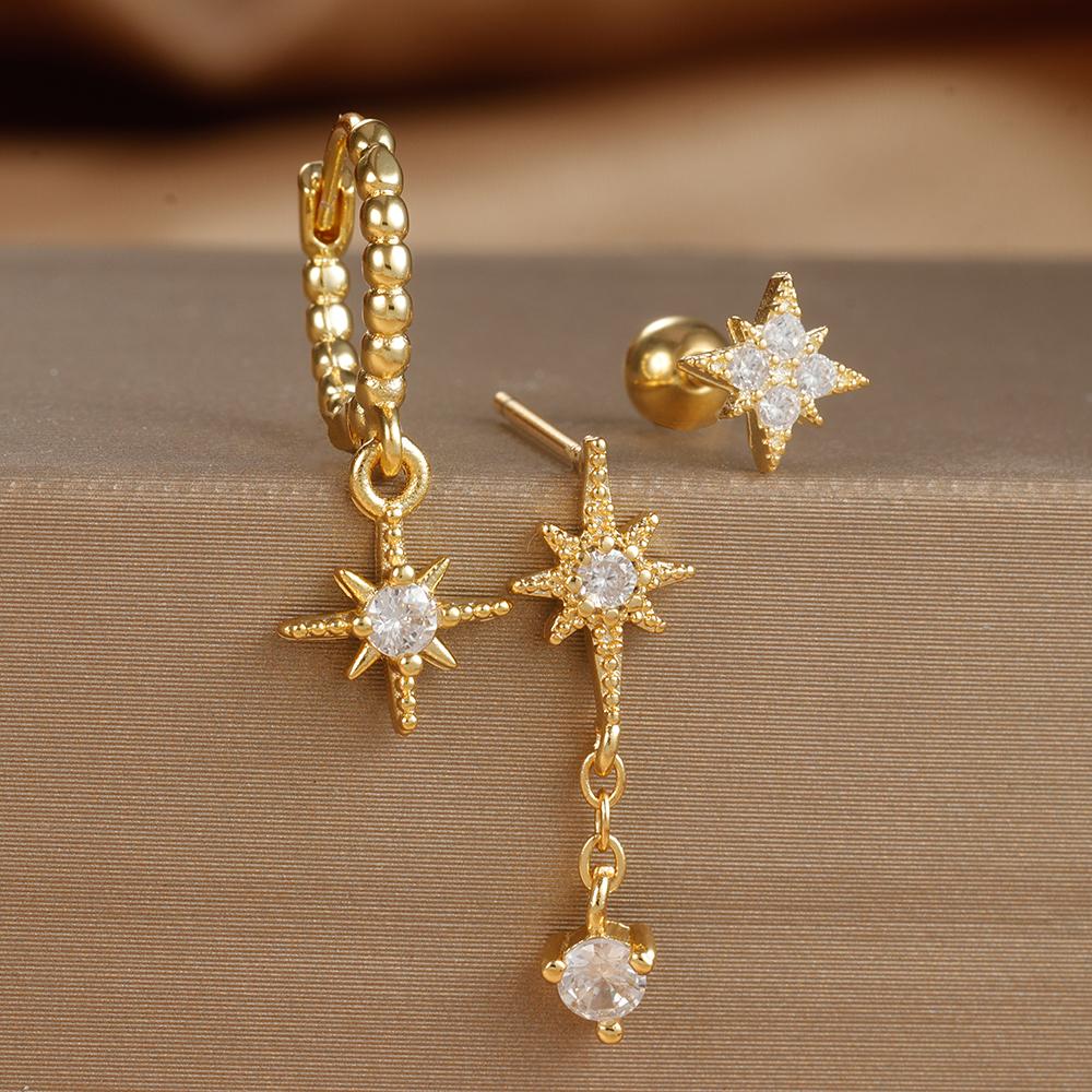 3 шт. комплект из золотых серег-звездочек для женщин, подвеска из циркония, серьги-кольца из нержавеющей стали, трендовые свадебные украшения, pendientes mujer