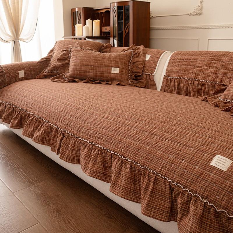 British Style Thick Skirt Edge 100% Cotton Double Gauze Sofa Cushion Non-Slip All Season Use