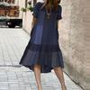 Plaid Round Neck Cotton Linen Ruffle Midi Dress - Short Sleeve Women's Style 8893
