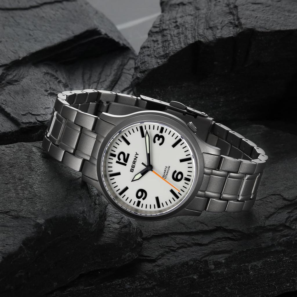 BERNY Titanium Watch Men Watch Watch Japan Sweep Seconds Quartz Movement VH31 5ATM Waterproof Analog Quartz Watch Super Luminous Sapphire Glass Men's